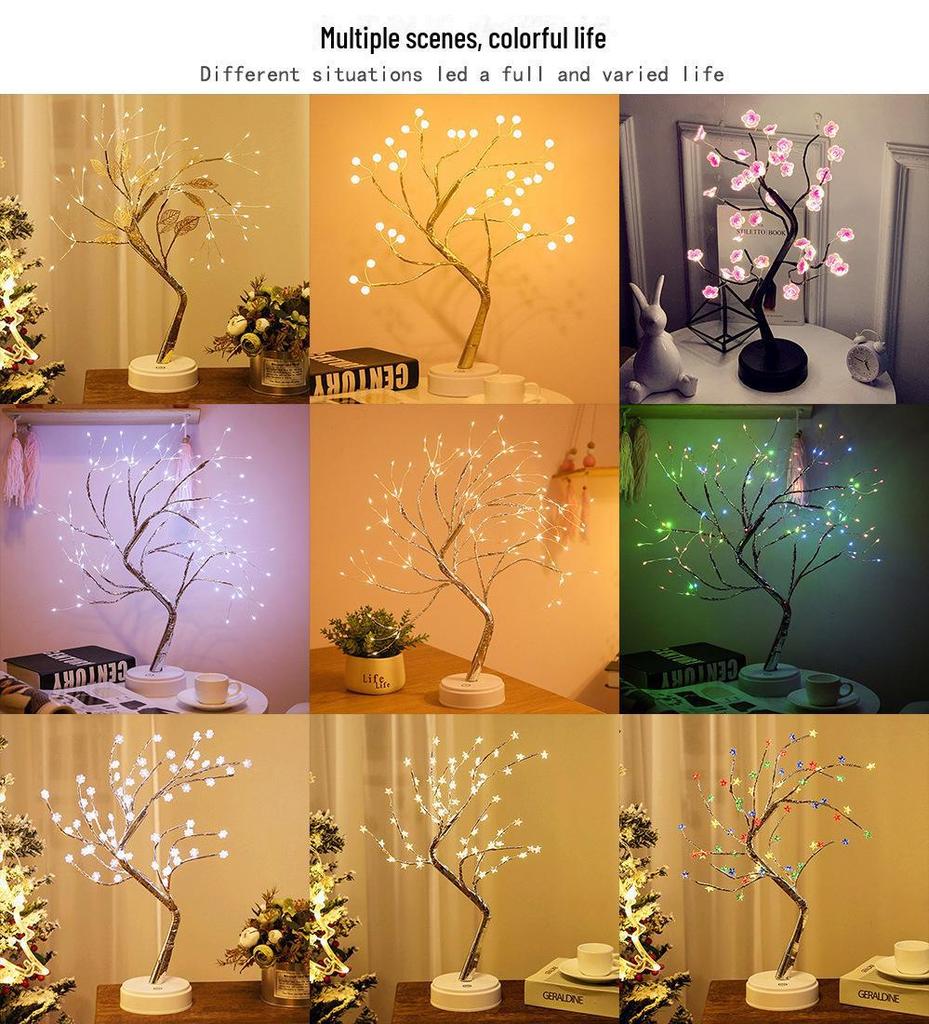 Bonsai LED Table Lamp with Pearl Gold Leaves & Silver Branches - Decorative Night Light & Christmas Tree Decor