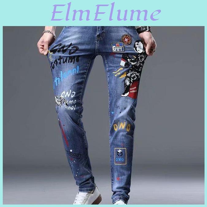 Fashion Embroidery Mens Printed Funny Jeans Slim Fit Stretch Sports Pants
