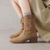 Krazing Pot Cow Suede Nubuck Winter Round Toe Modern Boots Med Heels Slip On Five-Star Decoration Women Mid-calf Boots