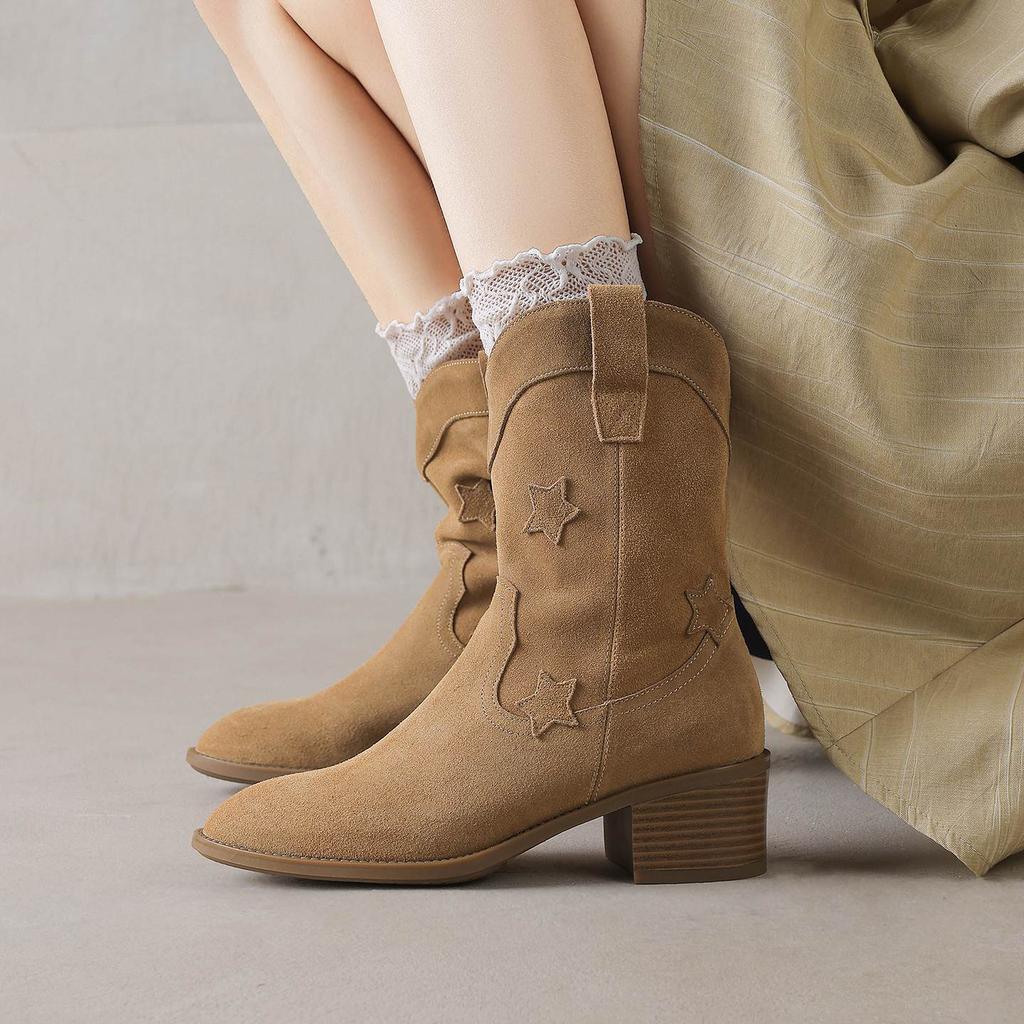 Krazing Pot Cow Suede Nubuck Winter Round Toe Modern Boots Med Heels Slip On Five-Star Decoration Women Mid-calf Boots