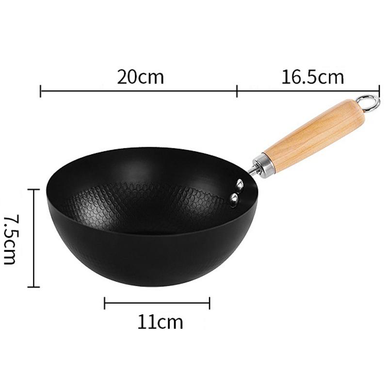 Carbon Steel Mini Wok 20cm Classic Kitchen Cooking Pot Non-Induction/Wooden Handle Flat Base Pan Includes 1 x Chinese Wok Pan 20cm