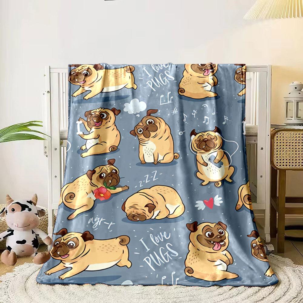 Adorable Cartoon Pugs Cozy Throw Blanket Bedroom Blanket for Livingroom Couch Lunch Break Soft Throw for Friend's Festival Gift