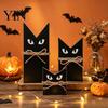 Black Cat Table Decor 3 Pcs Halloween Wooden Block Sign, Vintage Decoration Fall Seasonal with Burlap Rope, Rustic Farmhouse Tiered Tray Centerpiece