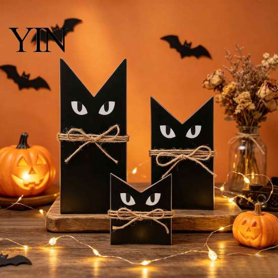 Black Cat Table Decor 3 Pcs Halloween Wooden Block Sign, Vintage Decoration Fall Seasonal with Burlap Rope, Rustic Farmhouse Tiered Tray Centerpiece