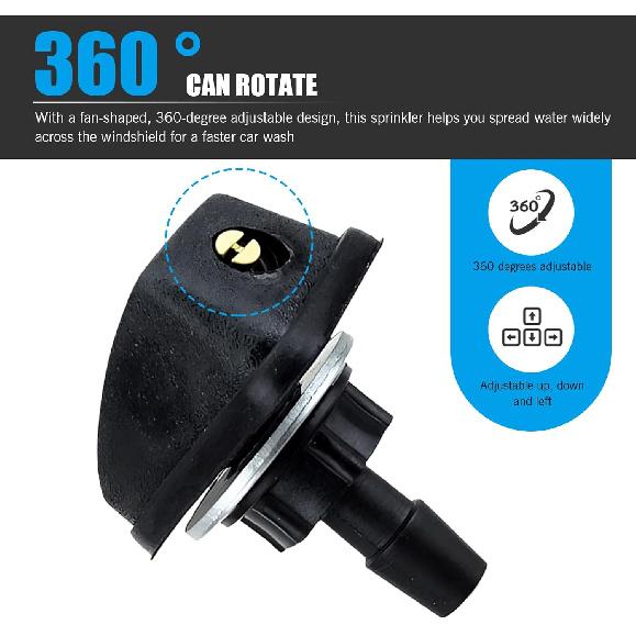 2 PCS Car Front Windshield Washer Nozzle, 0.31" Connector Single Hole Fan-Shaped 360 Degree Adjustable Uniform Spray, Wiper Nozzle Replacement,