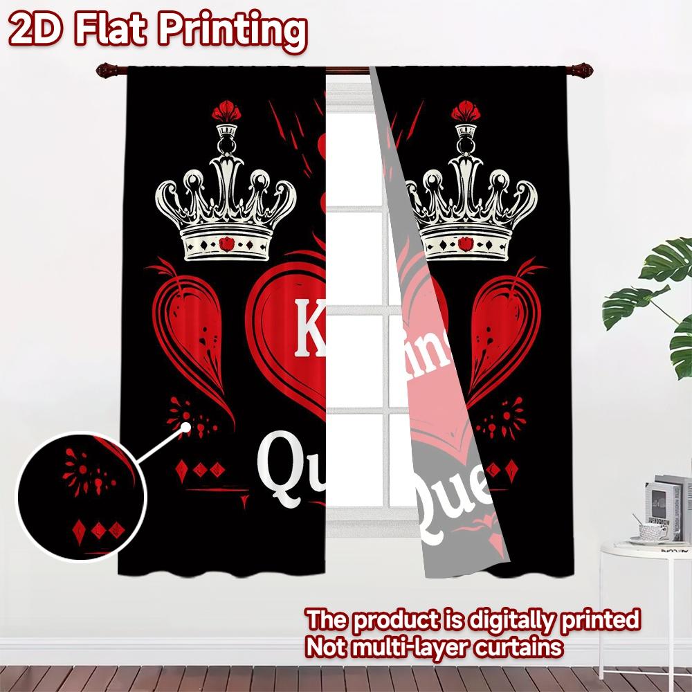 2D FLAT PRINTING 2pcs Curtains (Without Rod) Valentine's Hearts and Crowns Print Chic Curtains Versatile Polyester Fabric