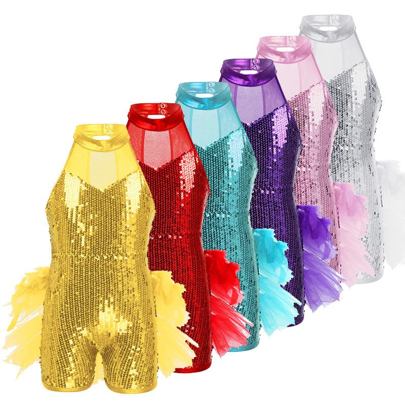 

Kids Girls Sleeveless Mock Neck Sequins Jazz Latin Ballet Dance Costume Leotard Jumpsuit Stage Dancewear 4-5 Years фіолетовий
