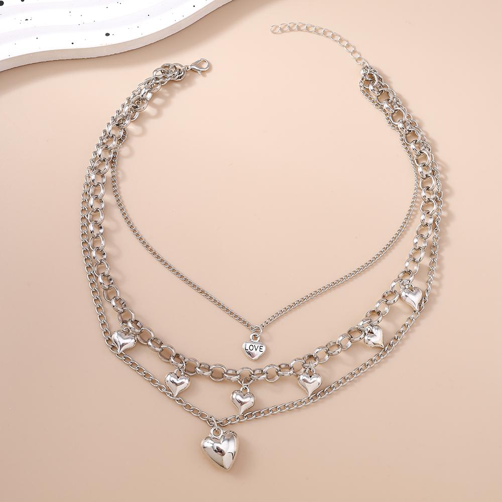New Silver Color Love Heart Pendant Necklace Multilayer Choker Necklaces Chain for Women Metal Punk Jewelry Gifts