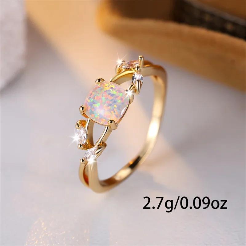 Cushion Cut Square Rainbow White Fire Opal Rings For Women Gold Horse Eye Zircon Charm Leaf Wedding Bands Party Jewelry CZ