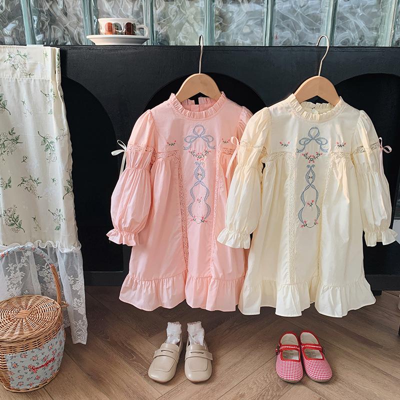 Girls Spring Cotton Princess Dress With Embroidered Lace Puff Sleeves Elegant Kids Party Gown For Little And Big Girls