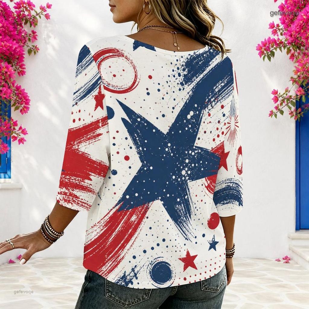 Women Plus Size Round Neck Half Sleeve Red White Blue Printed Loose Curved Hem Blouse