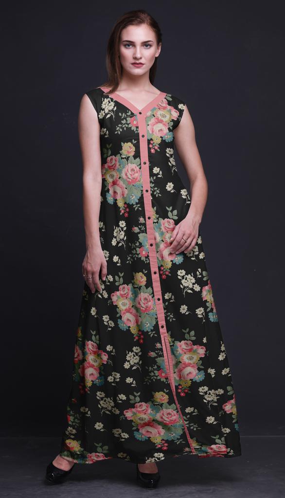 Bimba Black Floral Printed Women Designer Mandarin Collar Anarkali Dress Indian Ethnic Kurta