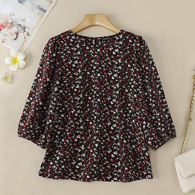 Vintage Floral Print Three Quarter Sleeve Loose Casual Blouses