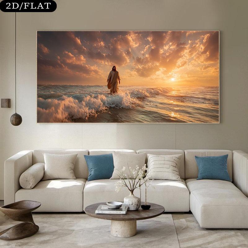 Jesus Walking On Water Canvas Poster - Minimalist Bohemian Bible Wall Art Suitable for Living Room Jesus Christ & Disciples On Calm Water