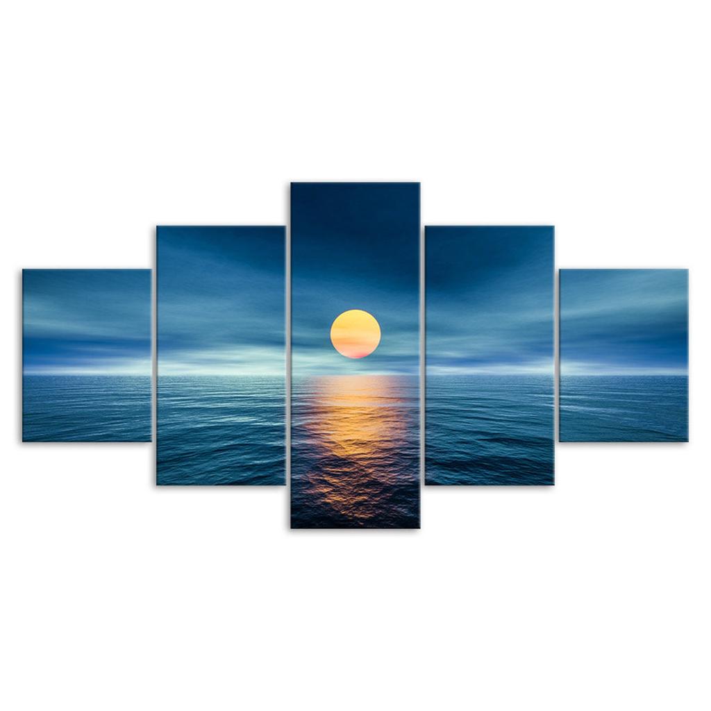 Full Moon Over The Ocean Scene 5 Piece Five Panel Canvas Print Modern Wall Art Poster Home Decor Gift For Him For Her