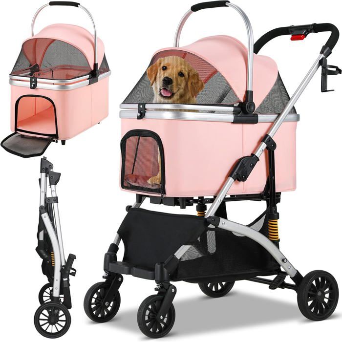 Poussette chien chat pliable 3 en 1, poussette animaux avec roues 360°, panier rangement, fenêtre maille, porte-gobelet