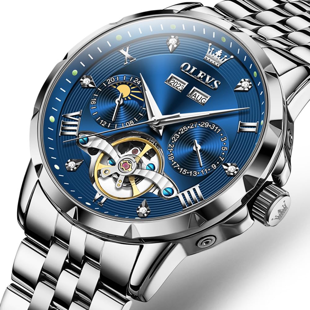 OLEVS Men's Mechanical Automatic Winding Watch with Moon Phase, Stylish Skeleton Design, Waterproof, Luminous Hands, Blue