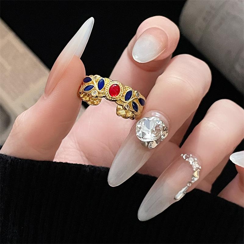 Gold Ethnic Style Retro Color Enamel Dripping Open Ring Fashion Pattern Medieval Exquisite High-End Ring