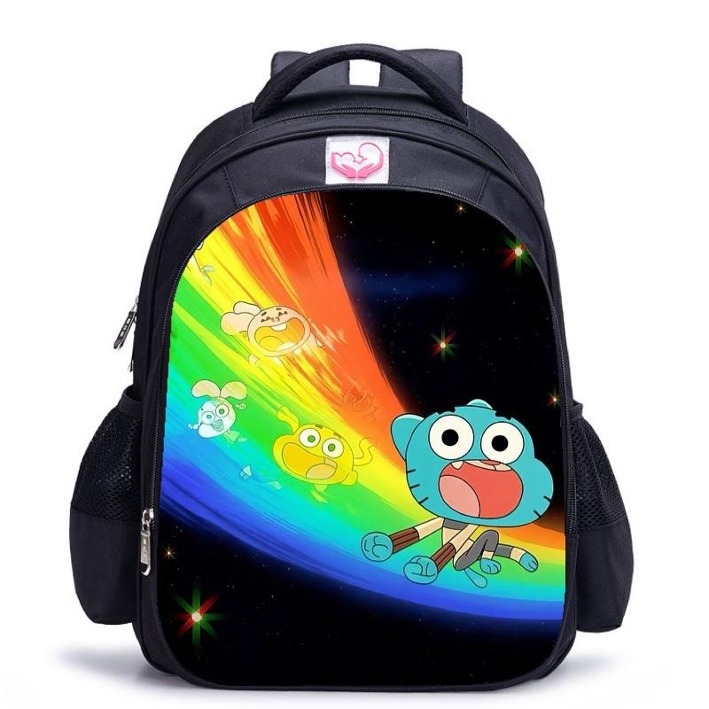 Zaino Scuola per Bambini, Testa Grande Gatto Blu Forrest Gump Scuola di Animazione, Tessuto Oxford Nero Resistente allo Sporco Grande Capacità.