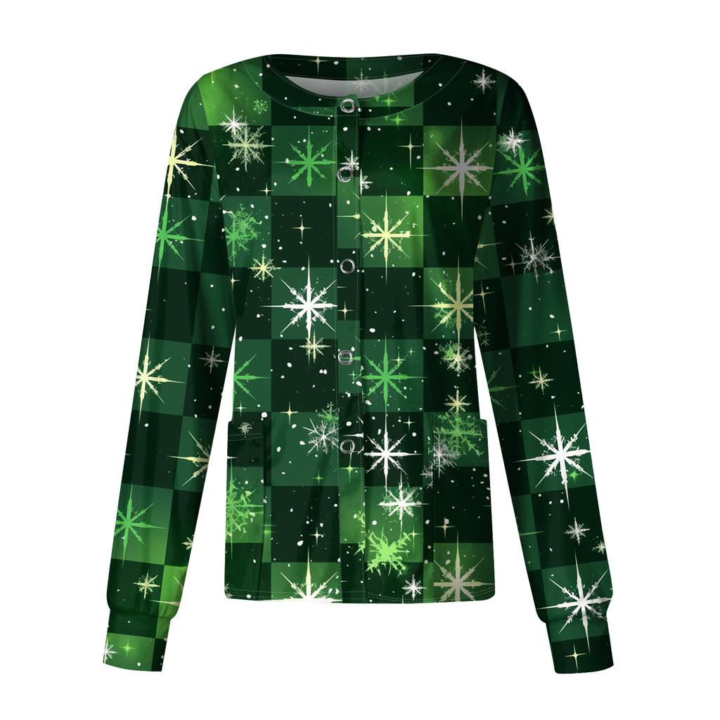 Women's Casual Long-sleeved Single-breasted Christmas Printed Protective Clothing Cardigan Top