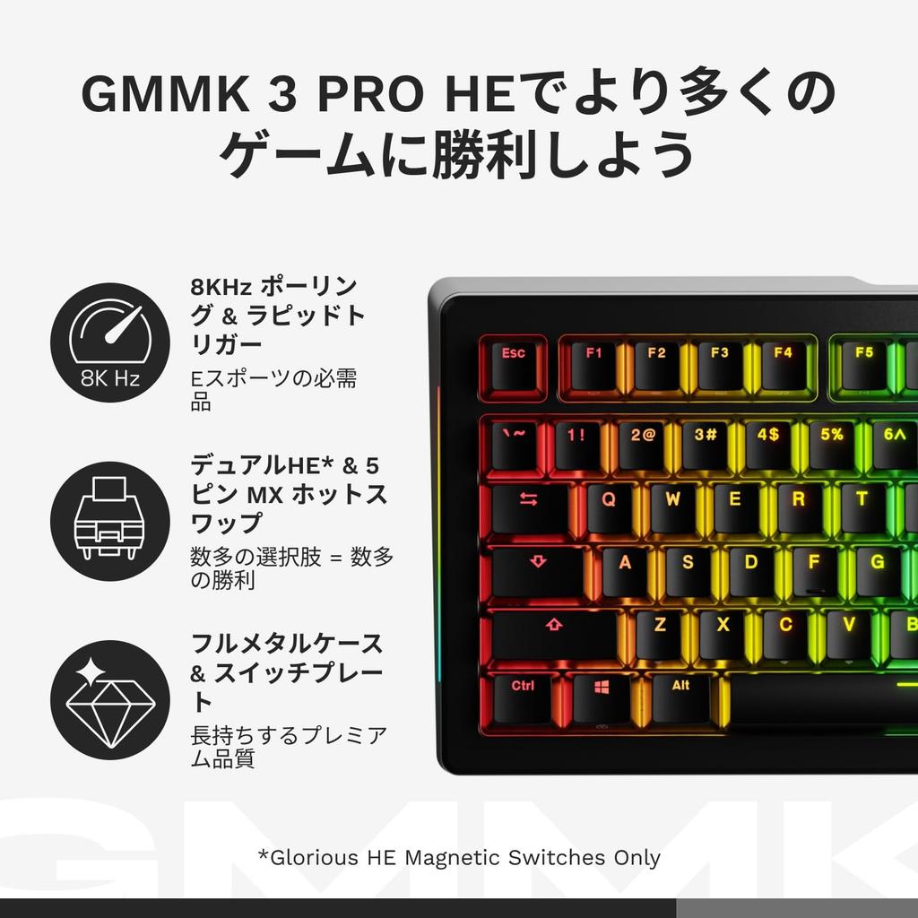 Glorious GMMK 3 PRO HE Prebuilt Wired Black US Layout Gaming Keyboard with Rapid Magnetic KB0835 65% Trigger, Switches,