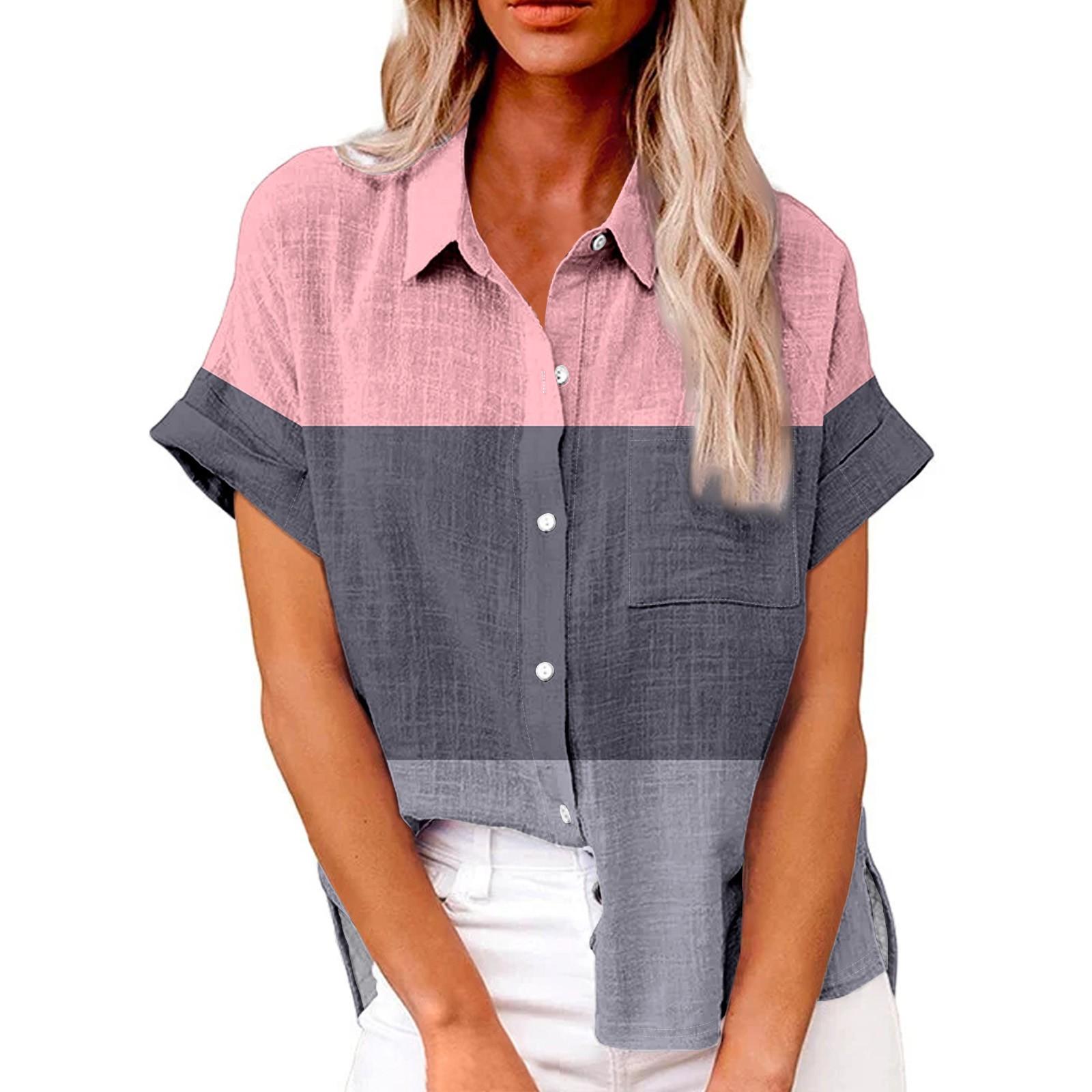 Женская модная свободная повседневная рубашка с короткими рукавами и отворотами — фото 10