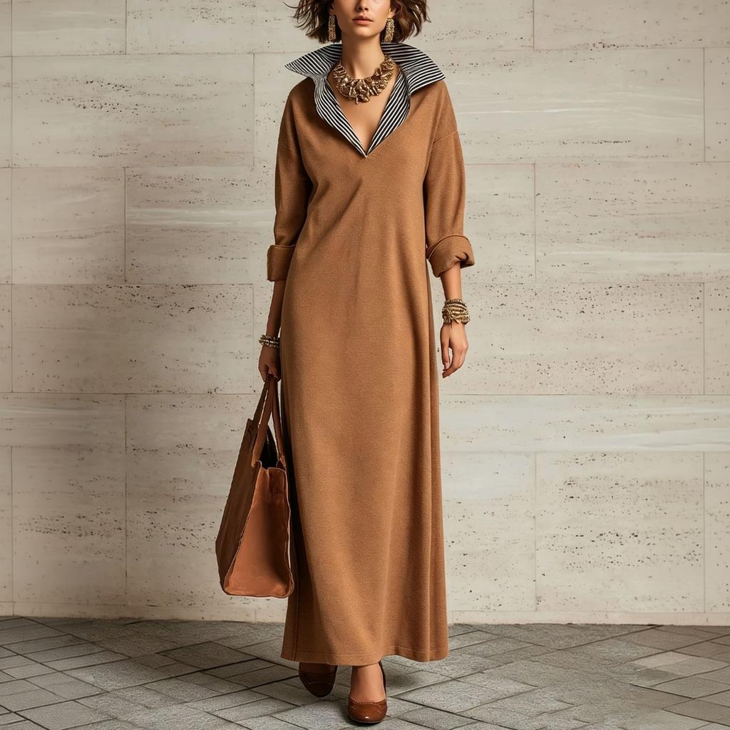 Women's Elegant Lapel Collar Long Sleeve Loose Fit Knit Maxi Dress