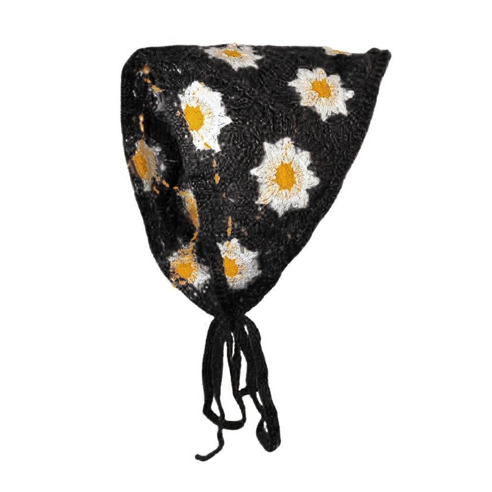 Fashion Knitted Headscarf Hat French Pastoral Style Triangle Headband Handmade Crochet Headband Towel Little Flower Headscarf