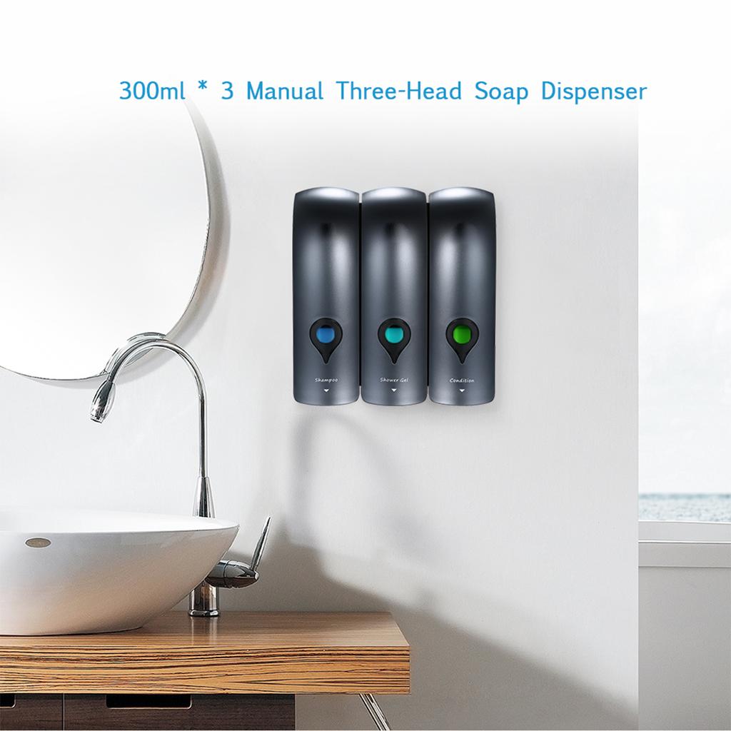 Manual Soap Dispenser 3 Chamber X 300mlCelsius 10.2oz Wall Mounted Liquid Shampoo Box Shower Gel Hand Soap Dispensers for Kitchen Bathroom