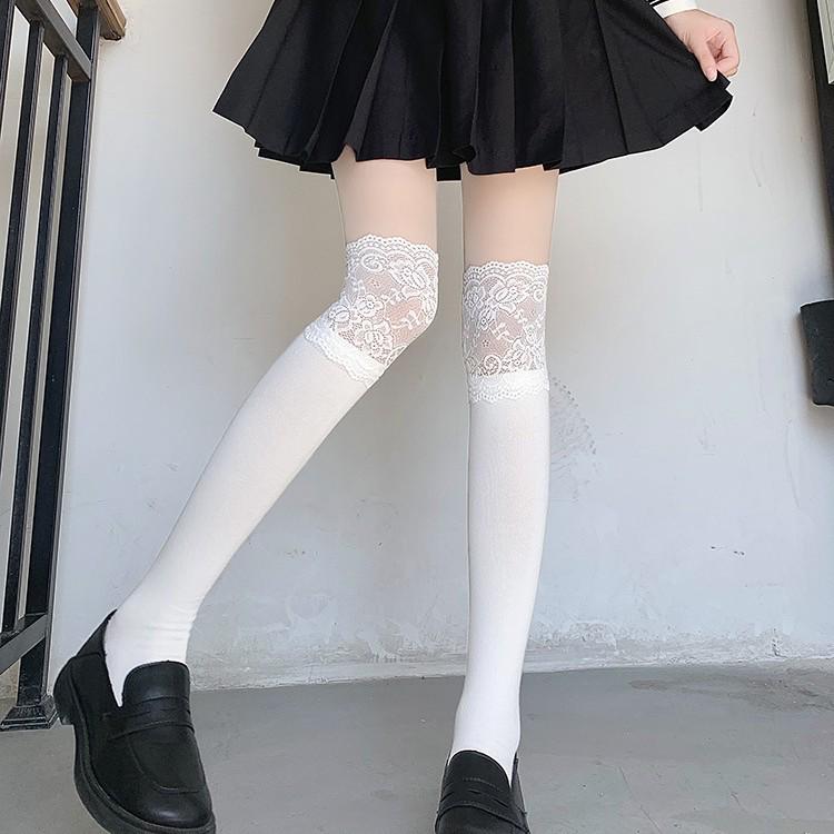 Lace Trim Lolita Mid-Calf Socks for Women – Sweet Thigh-High Style with Scrunched Look