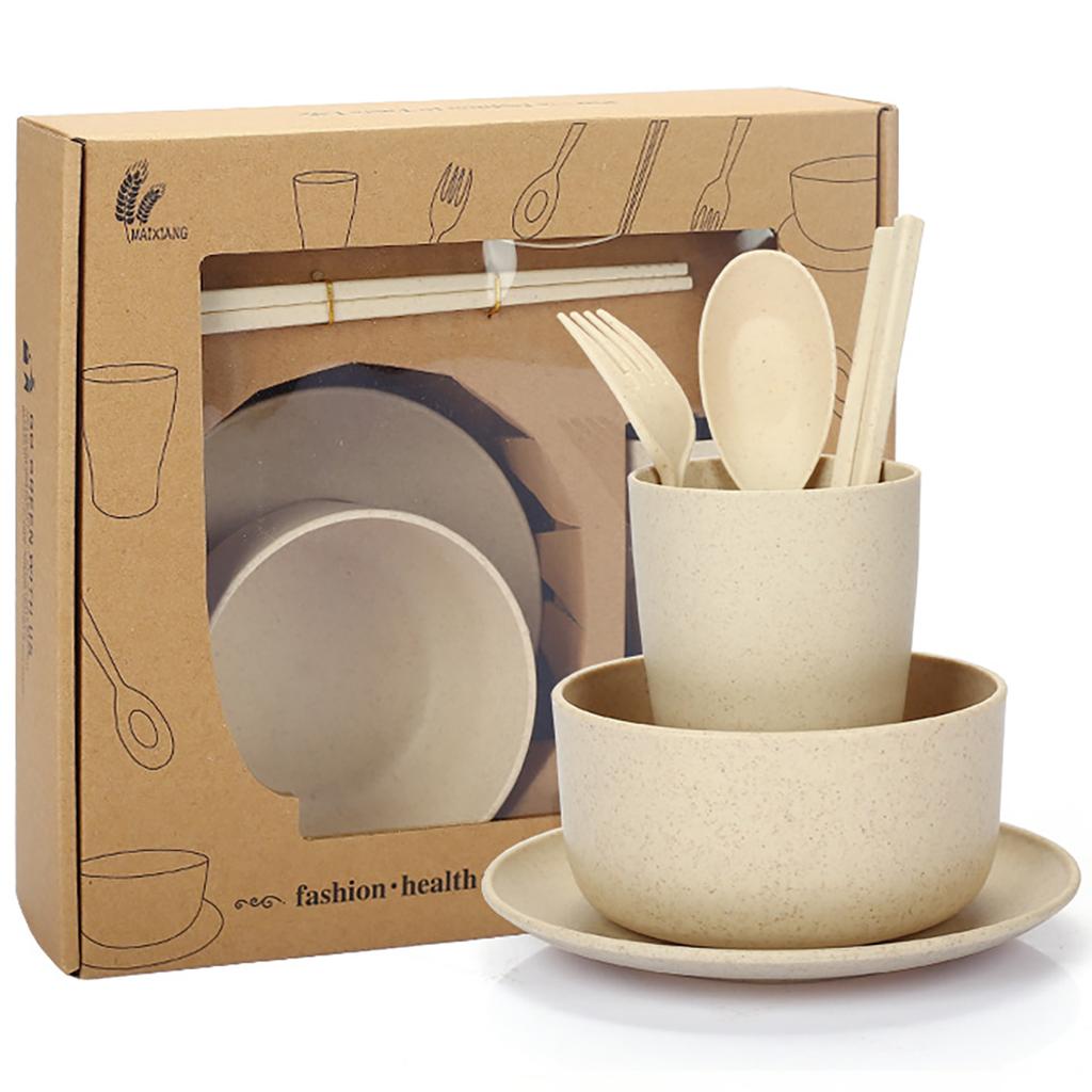 High Grade Wheat Straw Dinnerware Set Children's Unbreakable Dishes Tableware Fork Spoon Chopsticks Bowls Cup Dish Camping Set
