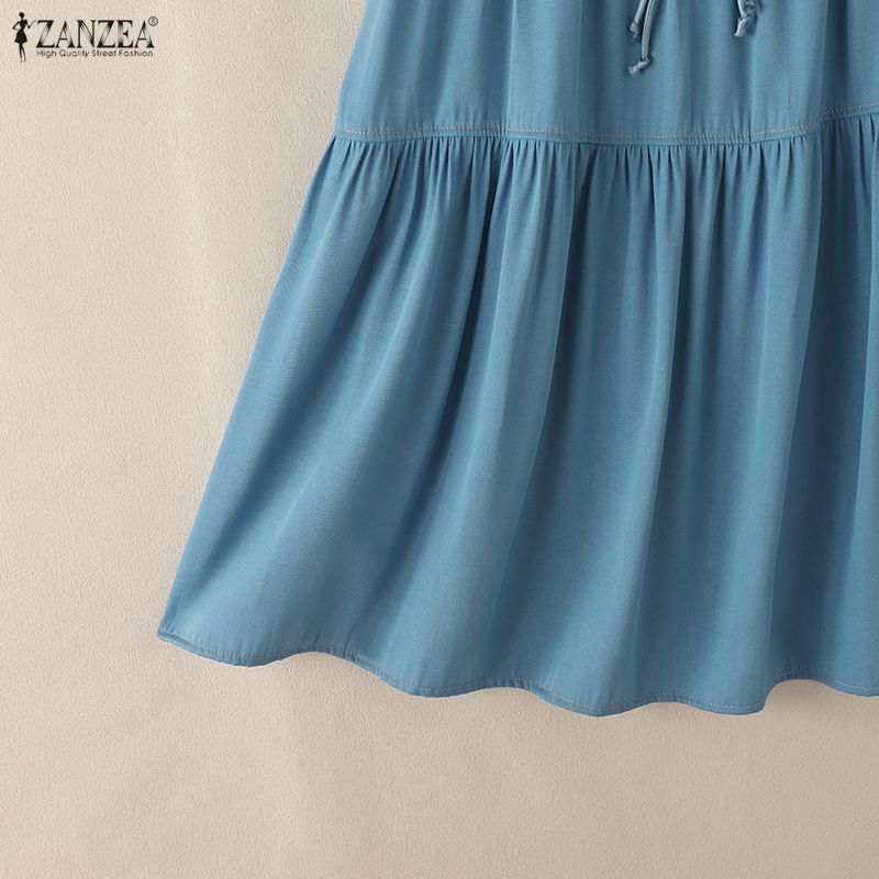ZANZEA Women Elegant V-Neck Casual Ruffles Short Sleeve Summer Dress