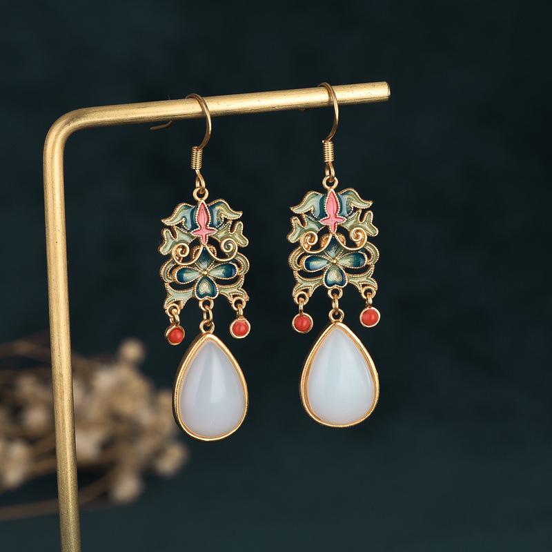 Retro National Trend Cloisonné Enamel Earrings with Southern Red Agate and White Jade for Hanfu Costumes