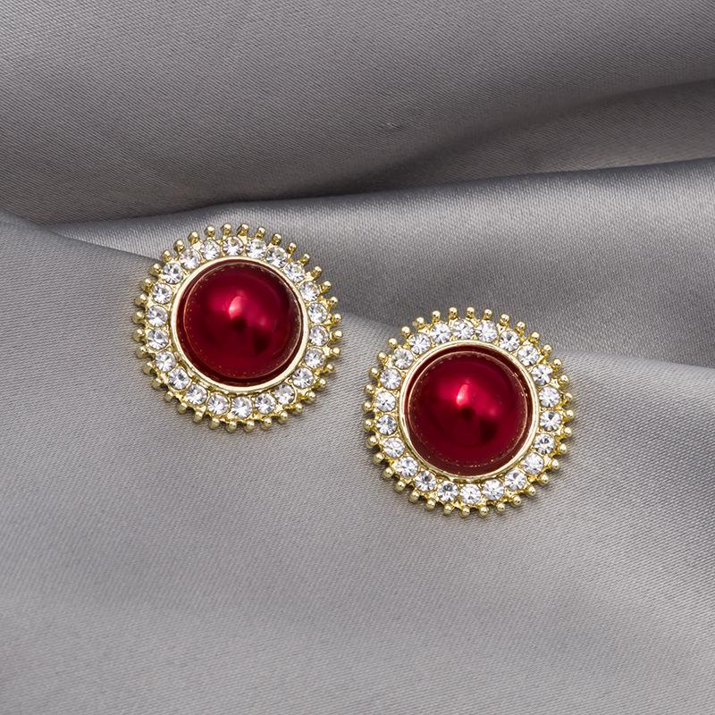 Silver Needle Wine Red Floral Rhinestone Stud Earrings, French Retro Hong Kong Style, Autumn/Winter Simple Ear Cuffs for Women.