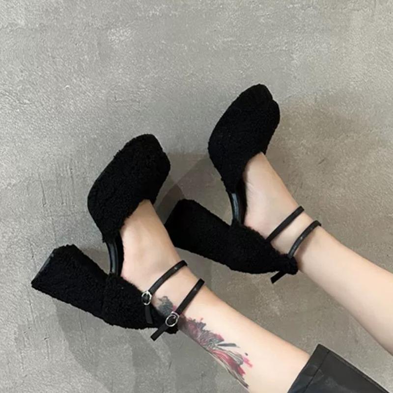 Fur High Heels Women Mary Jane Shoes Designer Chunky Woman Shoes  Elegant Autumn Sandals Pumps Dress Luxury Mujer