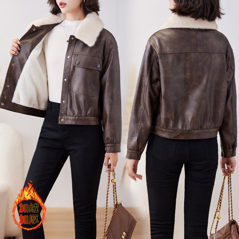 Fashion fleece thickened leather jacket women's winter new retro locomotive leather jacket short top
