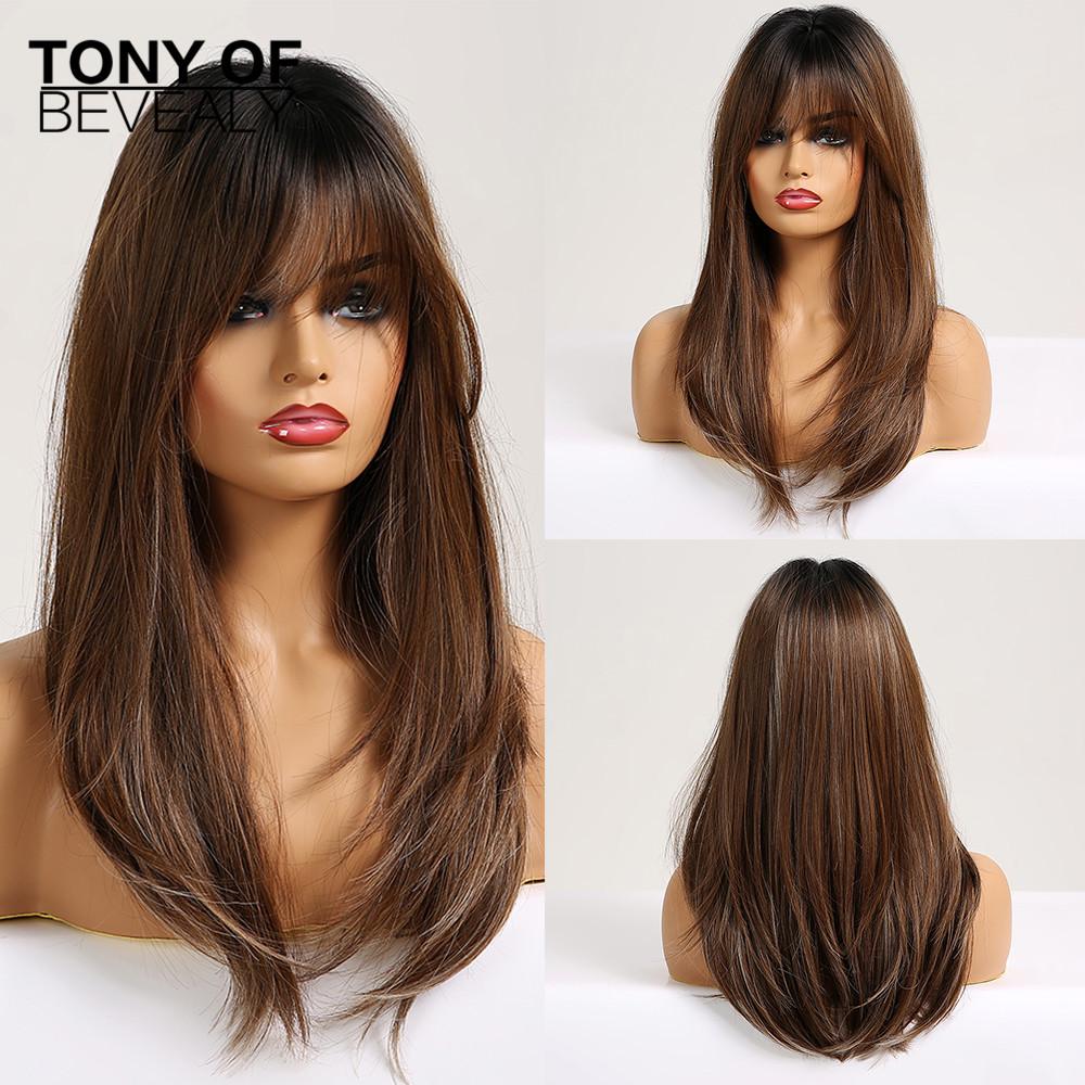 Long Wavy Layered Black-Brown Shoulder-Length Wigs With Bangs Heat Resistant Synthetic Wigs for Women Cosplay Daily Natural Wigs
