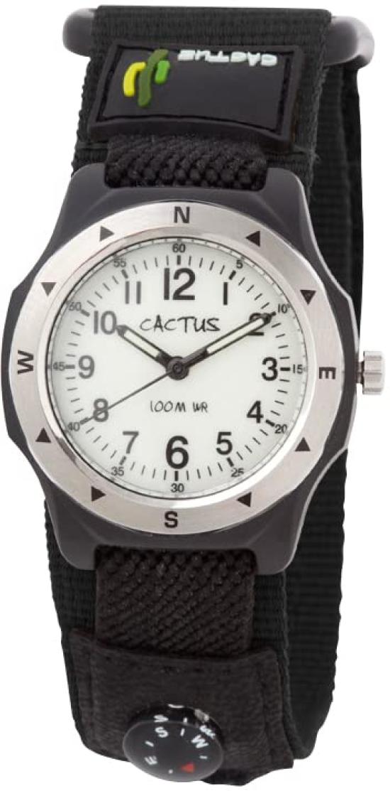 

[Cactus] Часы CAC-65-M01 для мальчиков, черные, с люминесцентным циферблатом, водонепроницаемые до 10 АТМ, в комплекте простой компас