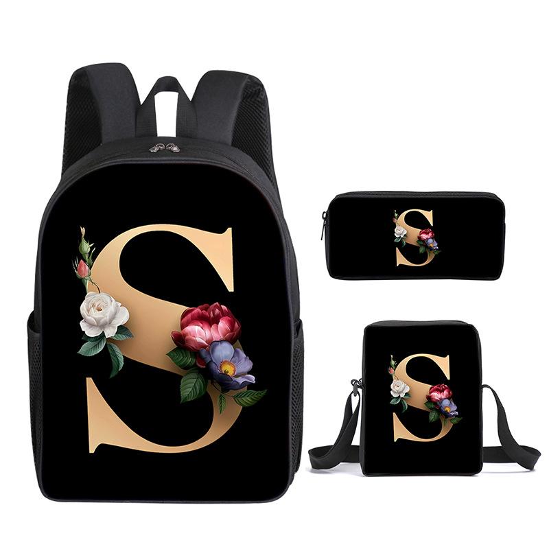 Fashion Novelty Flower letters A-Z 3D Print 3pcs/Set pupil School Bags Laptop Daypack Backpack Inclined shoulder bag Pencil Case