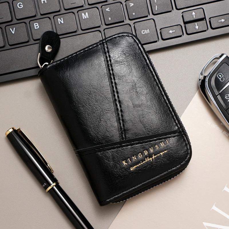 Men’s RFID Blocking Leather Credit Card Holder, Zipper Accordion Card Wallet, Multi Slot Card Case, Compact Business Wallet чёрный