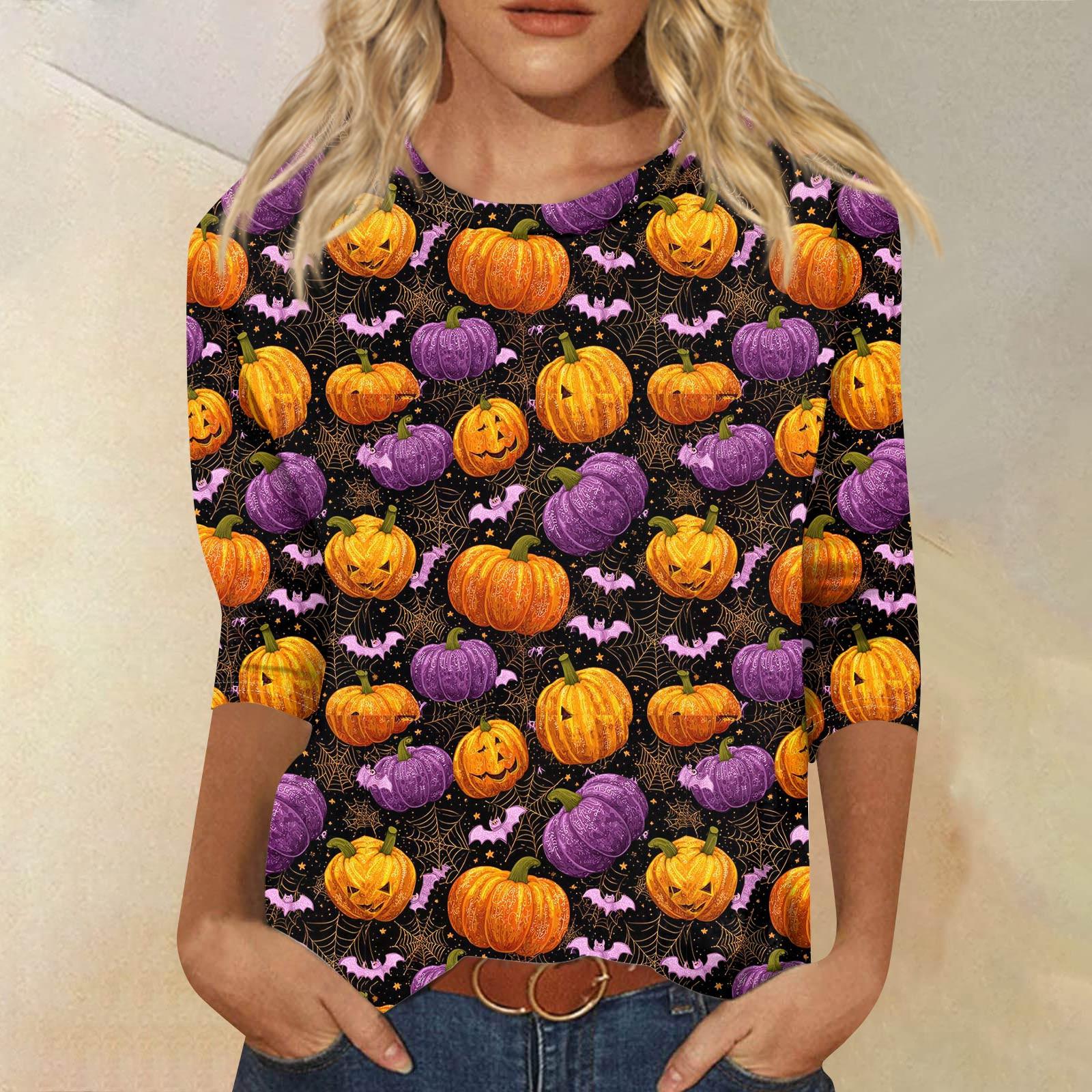 

Women s Fashionable Casual Three-Quarter Sleeve Halloween Print Round Neck Top XXXXL фіолетовий