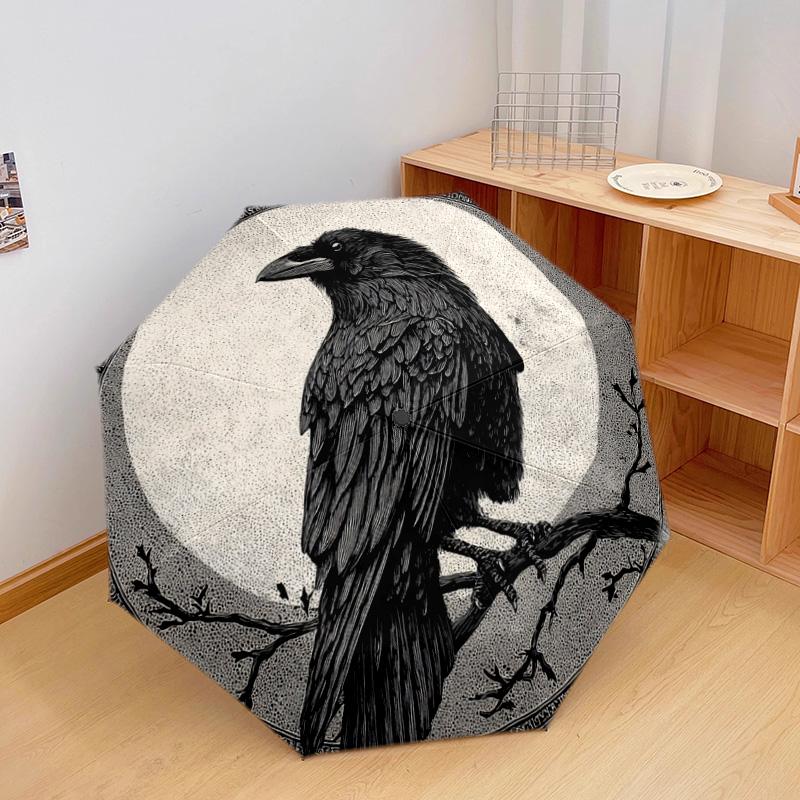 1 PC Automatic Folding Umbrella - Raven Pattern, Portable & Foldable Design with 8 Ribs, Christmas Birthday Gifts