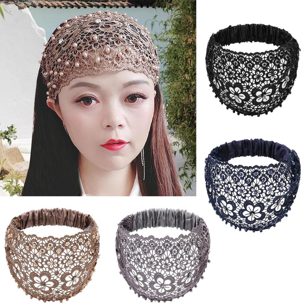 Lace Headband Wide Floral Pearl Lace Elastic Headbands Hair Accessories for Women Girls Stylish Hair Scarf for Yoga Gym Sports
