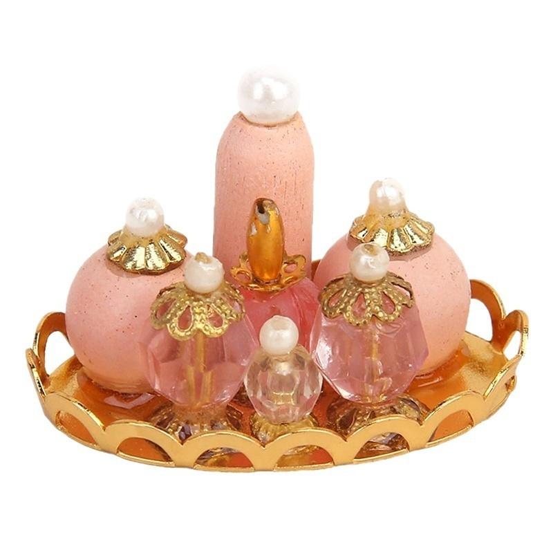 Νέο 1/12 Dollhouse Miniature Bathroom Furniture Pink Σετ αρωμάτων με δίσκο