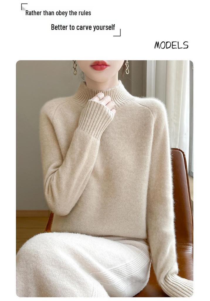 Women's Thick Wool Sweater - Half-High Neck, Raglan Sleeve, Warm & Loose Fit for Autumn/Winter