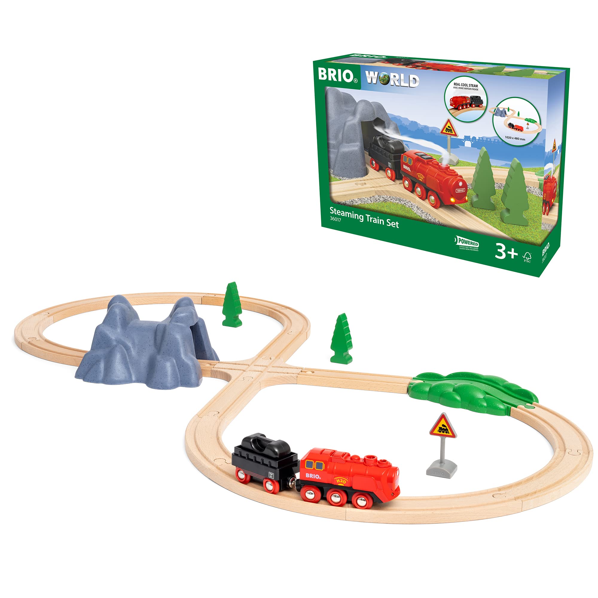 BRIO WORLD Steam Engine Train Set 36017 [24 Pieces] for Ages 3 and Up (Electric Train Toy, Wooden Rails) Red, Green, and Gray