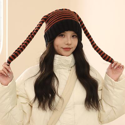 Jižní Korea China-Chic Značka Roztomilá Králičí Ucha Pletený Pruhovaný Pulovr Vlněná Čepice Děti Y2k Nakupování Móda Teplá Zimní Čepice