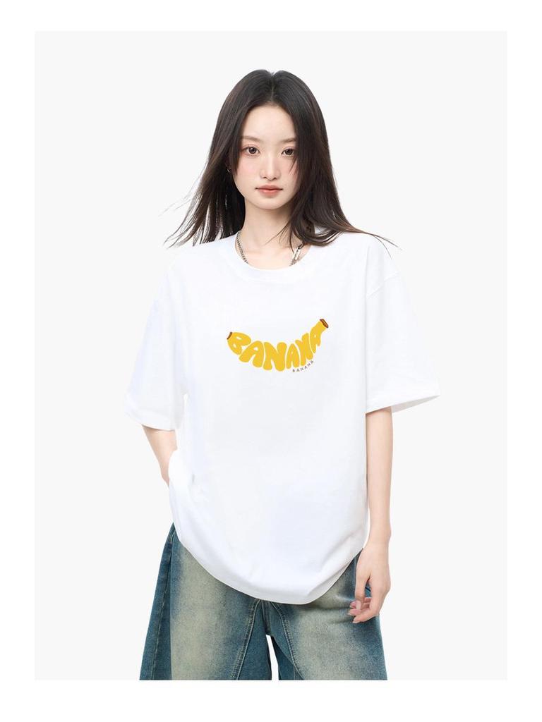 Women's Creative Banana Print Cotton T-Shirt - Short-Sleeved, Versatile Spring/Summer Casual Top