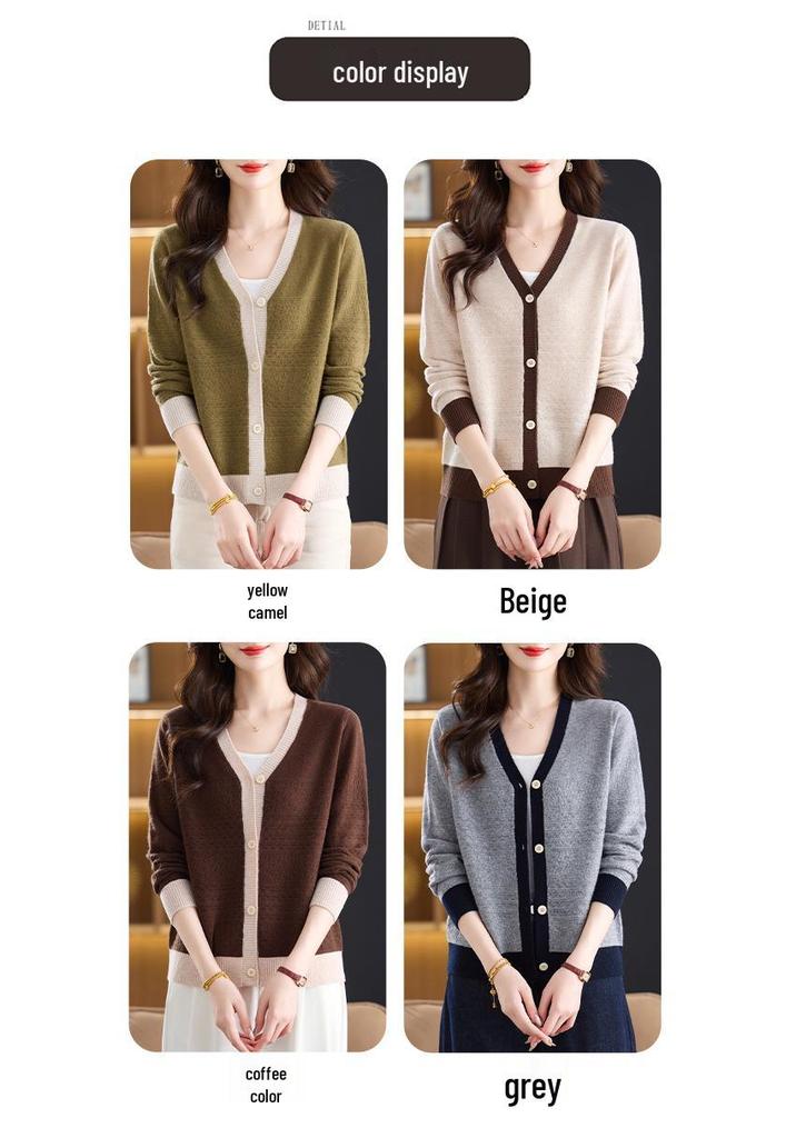 New Women's V-Neck Pure Wool Cardigan, Casual Knit Woolen Sweater Jacket