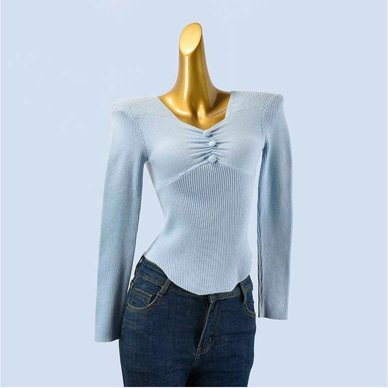 Pure Desire Pleating V-neck Buttons Waist Trimming Short Knitwear Female Autumn Retro Silm Slim Looking Thread Sweater Top
